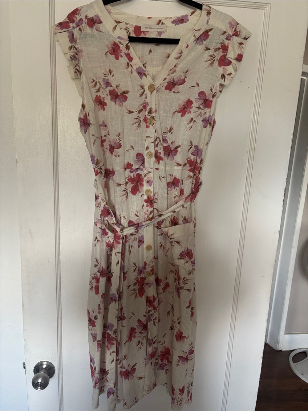 Monteau Cream Midi Dress with Pink and Red Floral Print